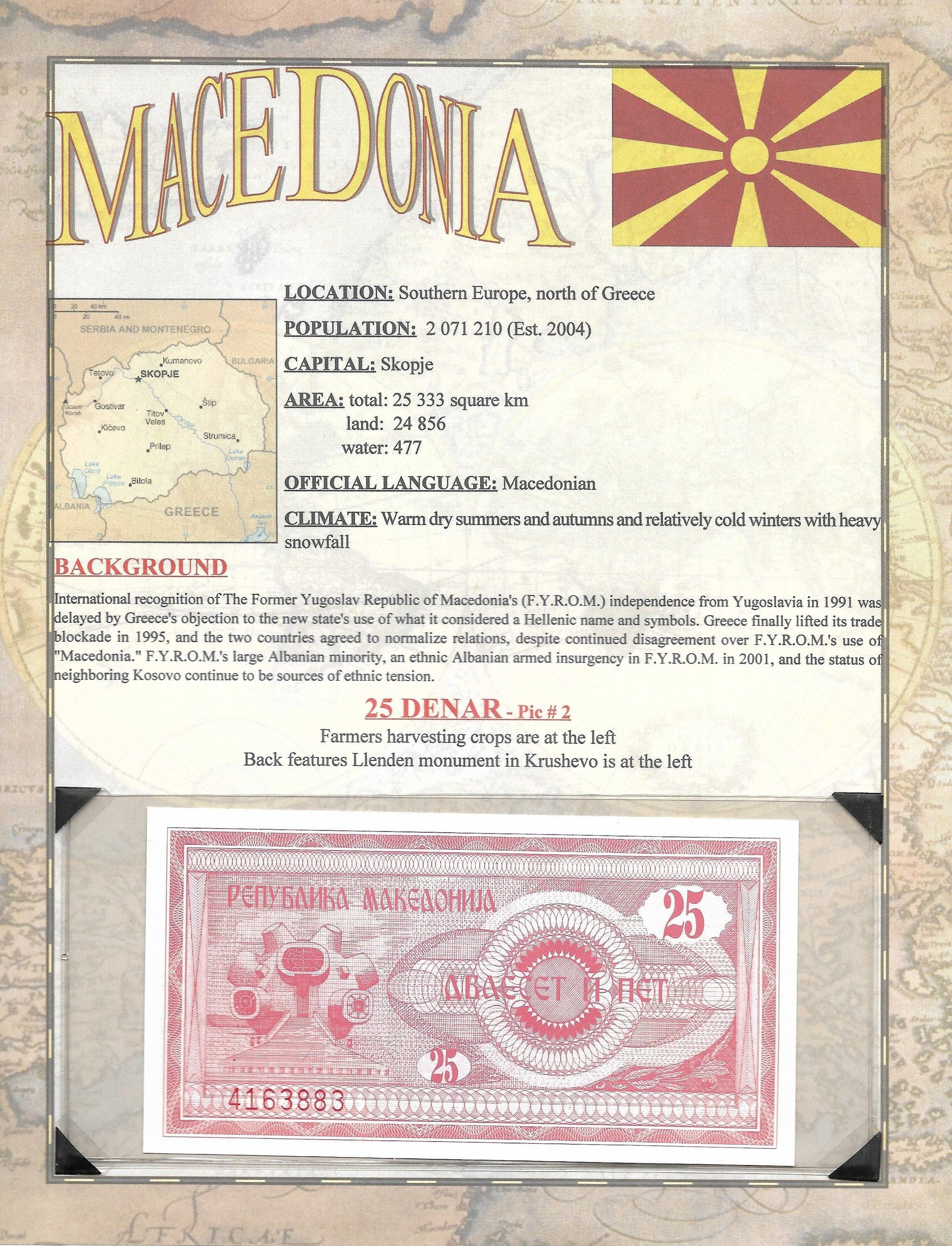 MACEDONIA 25 DENAR; P- 2 ~~ 9th Issue World Banknote Series ~~ LIMITED Issues
