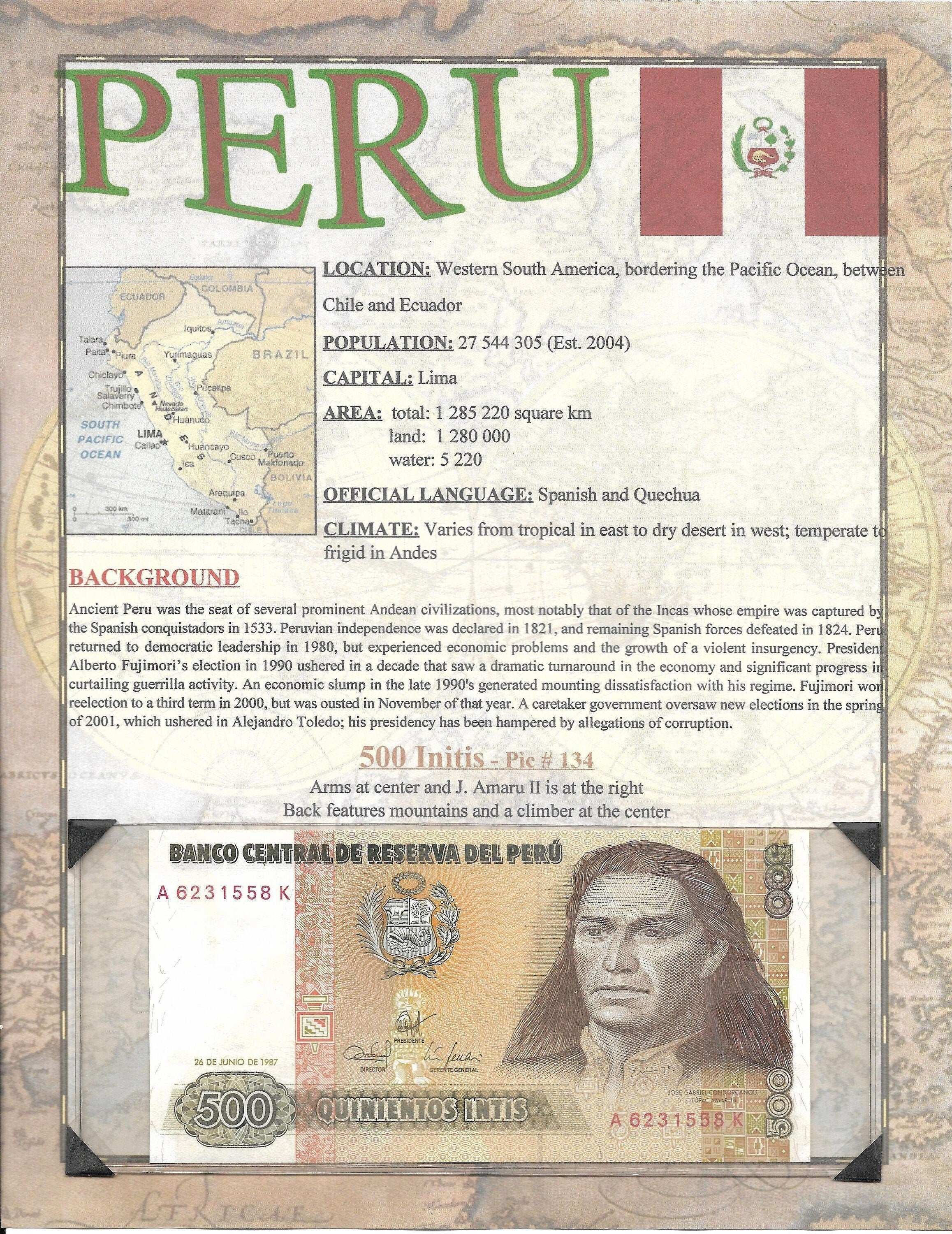 PERU 500 Initis; P- 134 ~~ 14th Issue World Banknote Series ~~ LIMITED Issues