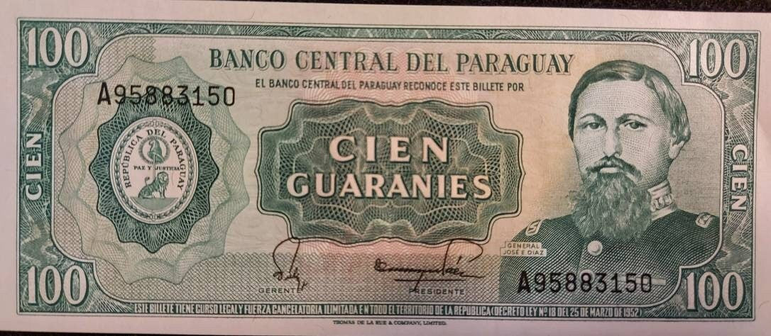 PARAGUAY 100 Guaranies Banknote; P- 205, UNCIRCULATED; From 1982 featuring the Ruins of Humaita; SIGNATURE Variety