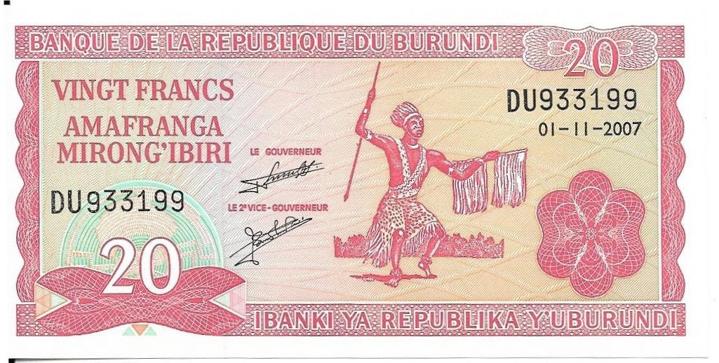 BURUNDI 20 Francs; P -27d; Uncirculated Note from 2007; features a dancer and Coat of Arms