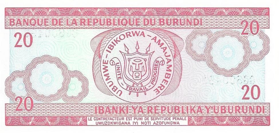 BURUNDI 20 Francs; P -27c; Uncirculated Note from 1995; features a dancer and Coat of Arms