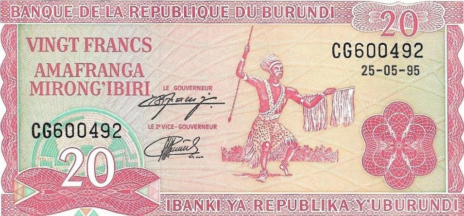 BURUNDI 20 Francs; P -27c; Uncirculated Note from 1995; features a dancer and Coat of Arms