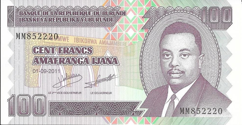 Burundi 100 Francs Banknote; REDUCED SIZE; P - 44b; Uncirculated from 2011; Prince Rwagasore; New signatures and date
