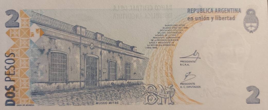 Argentina 2 Pesos, P-352, Series L; Signature variety; 2002, UNCIRCULATED; Features Mitre Museum