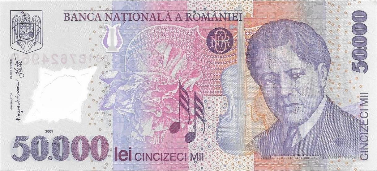 ROMANIA 50000 Lei, POLYMER, P-113a, 2001; UNCIRCULATED; features Musical Instruments