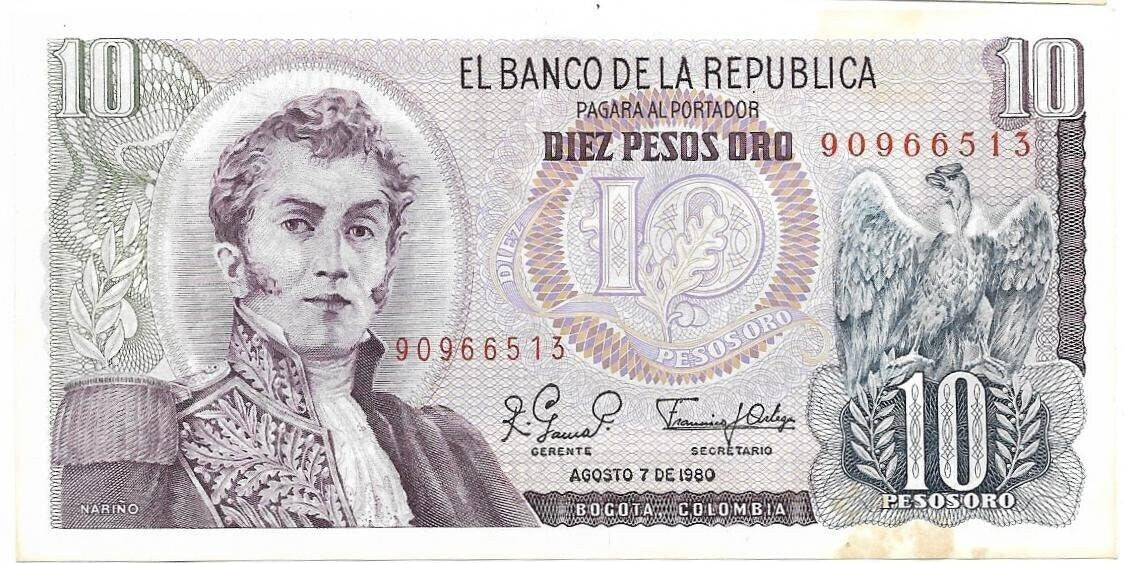 COLOMBIA 10 Peso Oro Banknote; P-407g; UNC but with stain; 1980; Amazing Note; features a Beautiful Condor