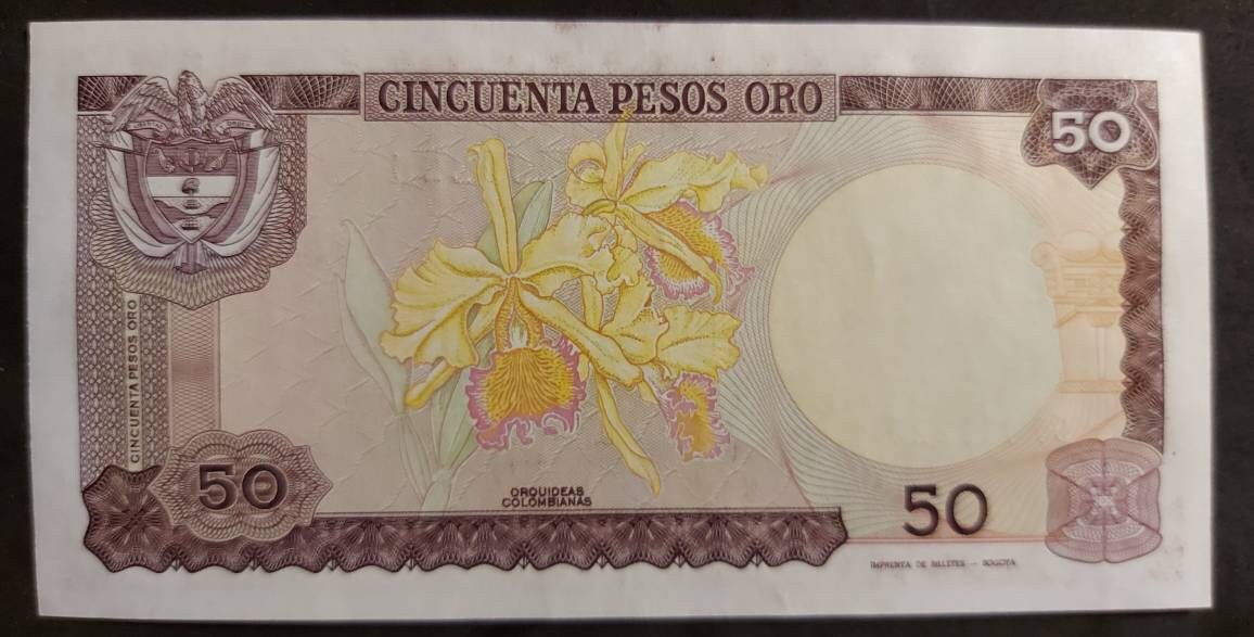 COLOMBIA 50 Peso Oro Banknote; P-425a; Bank Fresh UNCIRCULATED from 1985; Amazing UV; features a Beautiful Condor