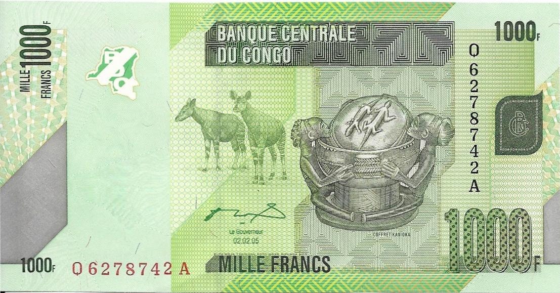 CONGO 1000 Francs Banknote; P-101a - UNCIRCULATED from 2005; Features Two Okapi; Lizards and a PARROT