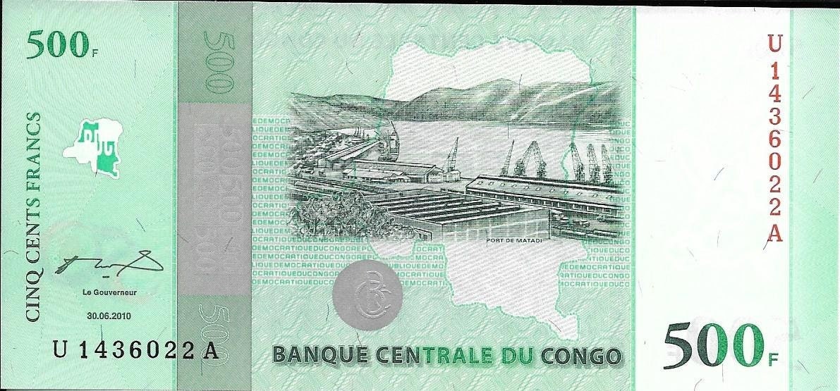 CONGO 500 Francs Banknote; P-100 - UNCIRCULATED from 2010; Features 50th Anniversary of Independence