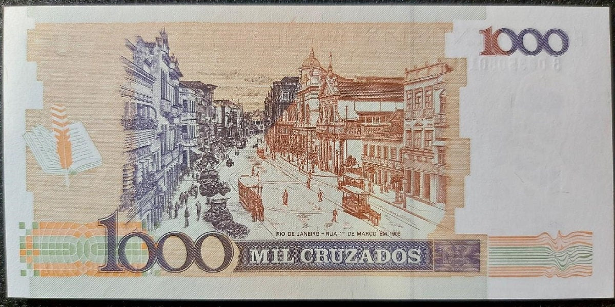 BRAZIL 1 Cruzado Novo Banknote; P-216; Uncirculated from 1989; features Rio street scene