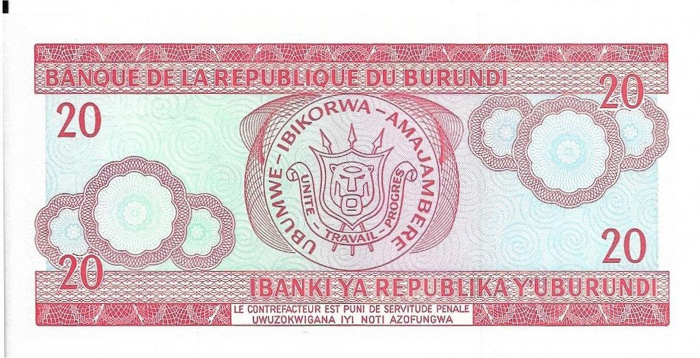 BURUNDI 20 Francs; P -27d; Uncirculated Note from 2007; features a dancer and Coat of Arms