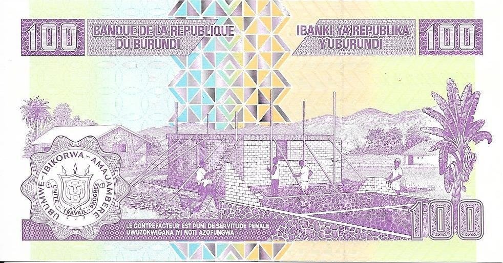 Burundi 100 Francs Banknote; REDUCED SIZE; P - 44b; Uncirculated from 2011; Prince Rwagasore; New signatures and date