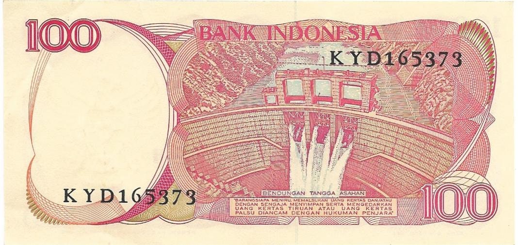 INDONESIA 100 Rupiah, P- 122, UNCIRCULATED, 1984; features the Asahan Dam; Crowned Pigeon
