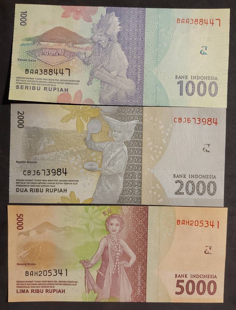 INDONESIA Lot of 3 Notes -> 1000, 2000 and 5000 Rupiah Banknotes, P- 154 - 156; UNCIRCULATED from 2016; Cool UV security