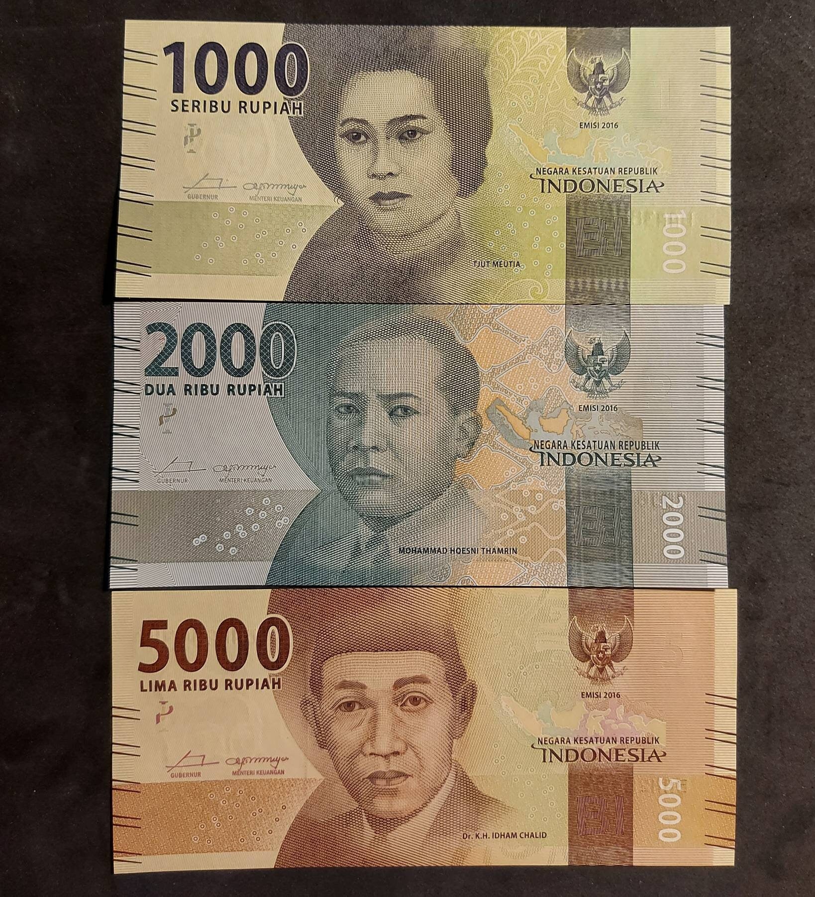 INDONESIA Lot of 3 Notes -> 1000, 2000 and 5000 Rupiah Banknotes, P- 154 - 156; UNCIRCULATED from 2016; Cool UV security