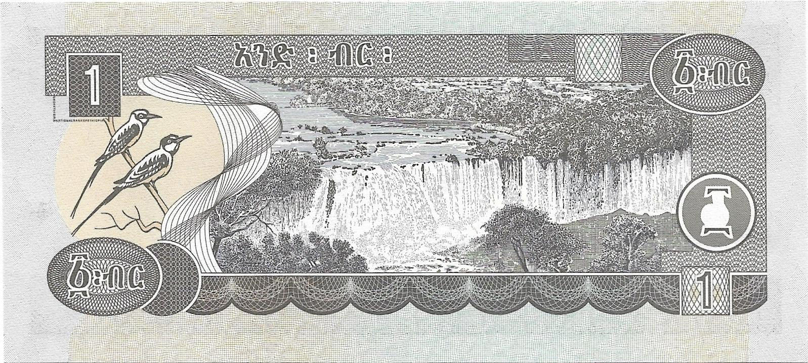 ETHIOPIA 1 Birr, P-46d, UNCIRCULATED; Date variety from 1998; Features a Lion's Head, Tisisat Waterfalls