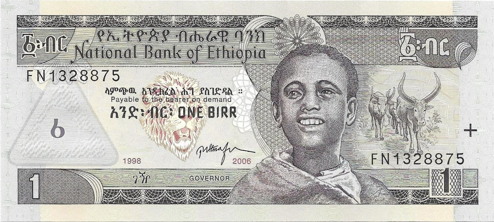 ETHIOPIA 1 Birr, P-46d, UNCIRCULATED; Date variety from 1998; Features a Lion's Head, Tisisat Waterfalls
