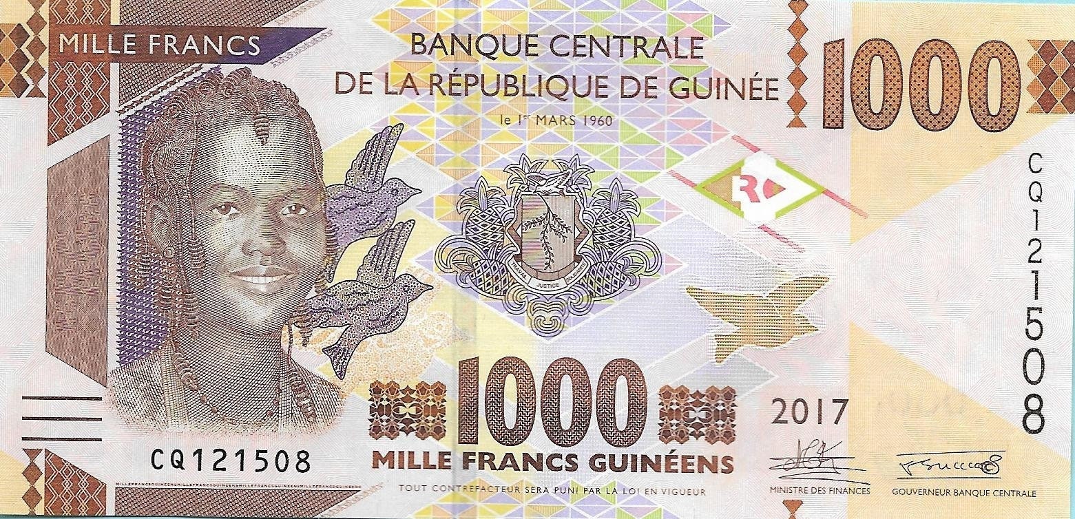 GUINEA 1000 Francs Banknote; P - 48b; UNCIRCULATED; from 2017 featuring Young Woman and Dump Truck