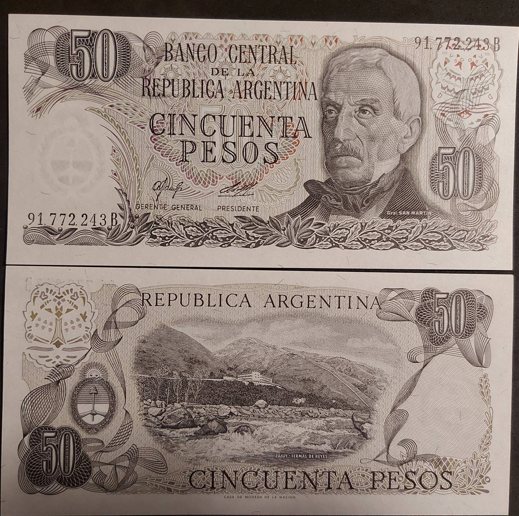 Argentina 50 Pesos, P-301b, 1976, UNCIRCULATED; Features Hot Springs at Jujuy
