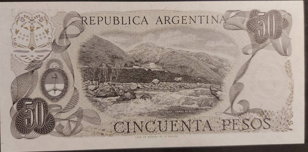 Argentina 50 Pesos, P-301b, 1976, UNCIRCULATED; Features Hot Springs at Jujuy