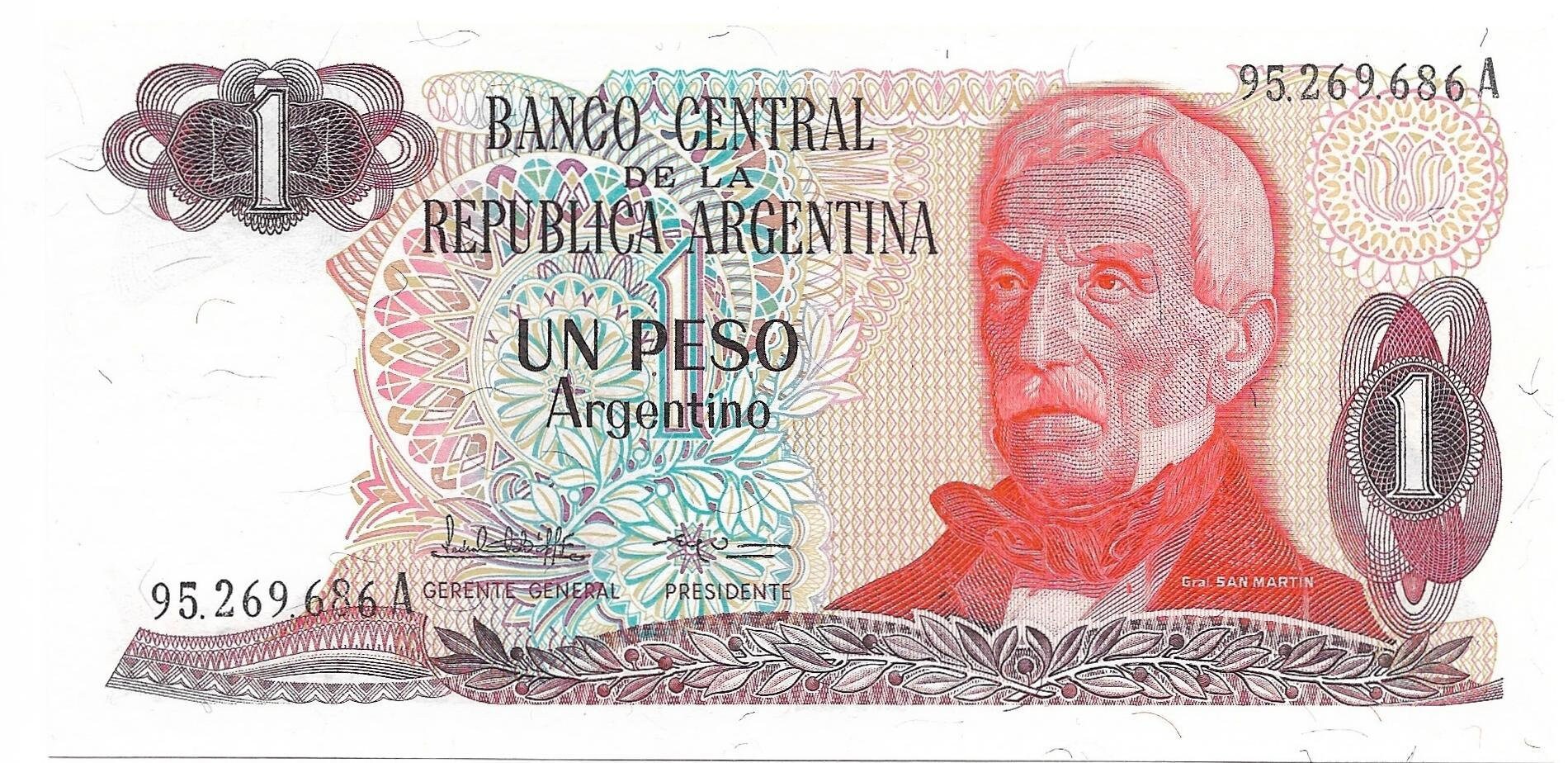 Argentina 1 Pesos Argentinos, P-311; Signature variety 2,  1983, UNCIRCULATED, Features Lake scene