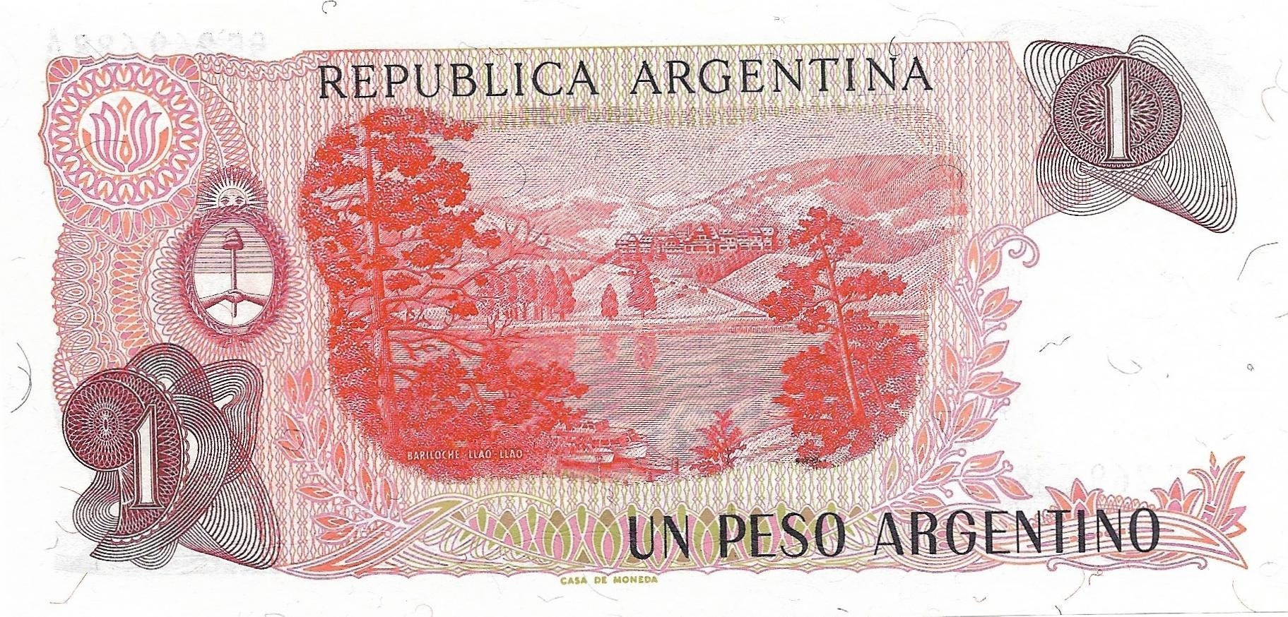 Argentina 1 Pesos Argentinos, P-311; Signature variety 2,  1983, UNCIRCULATED, Features Lake scene
