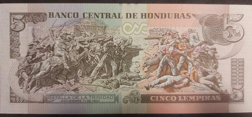 HONDURAS 5 Lempiras Banknote; P-98b; UNCIRCULATED from 2014; featuring the Battle of Trinidad (1827)