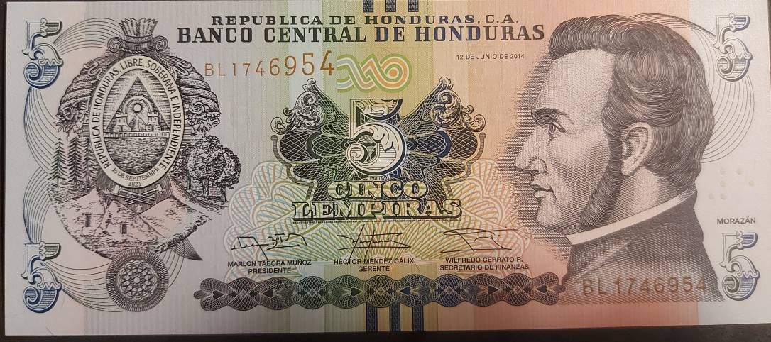 HONDURAS 5 Lempiras Banknote; P-98b; UNCIRCULATED from 2014; featuring the Battle of Trinidad (1827)