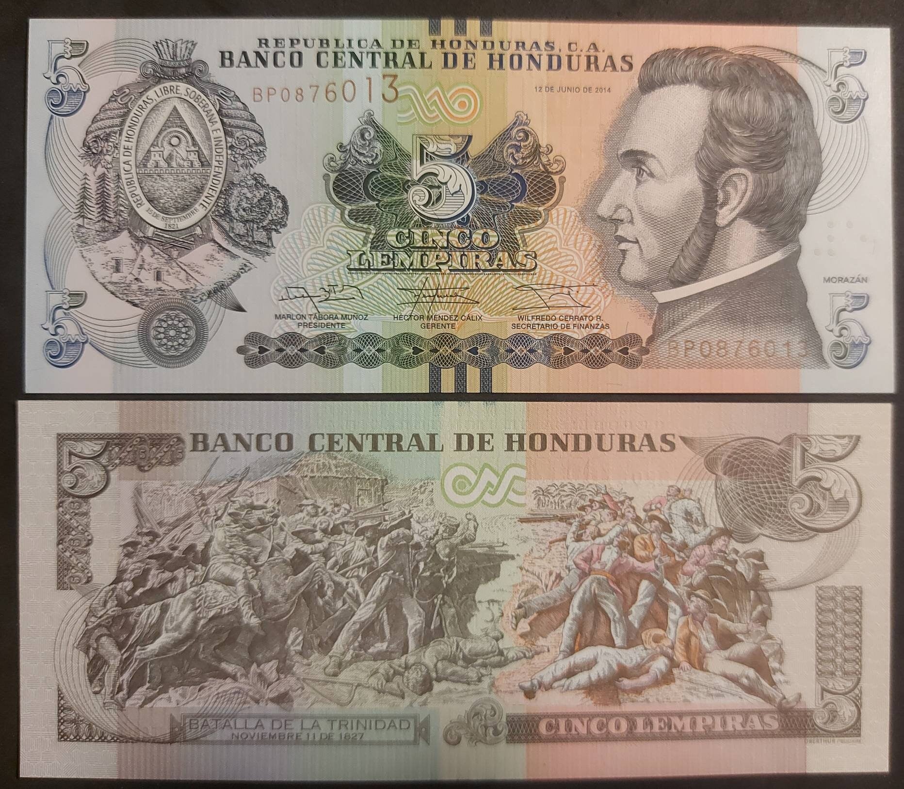 HONDURAS 5 Lempiras Banknote; P-98b; UNCIRCULATED from 2014; featuring the Battle of Trinidad (1827)