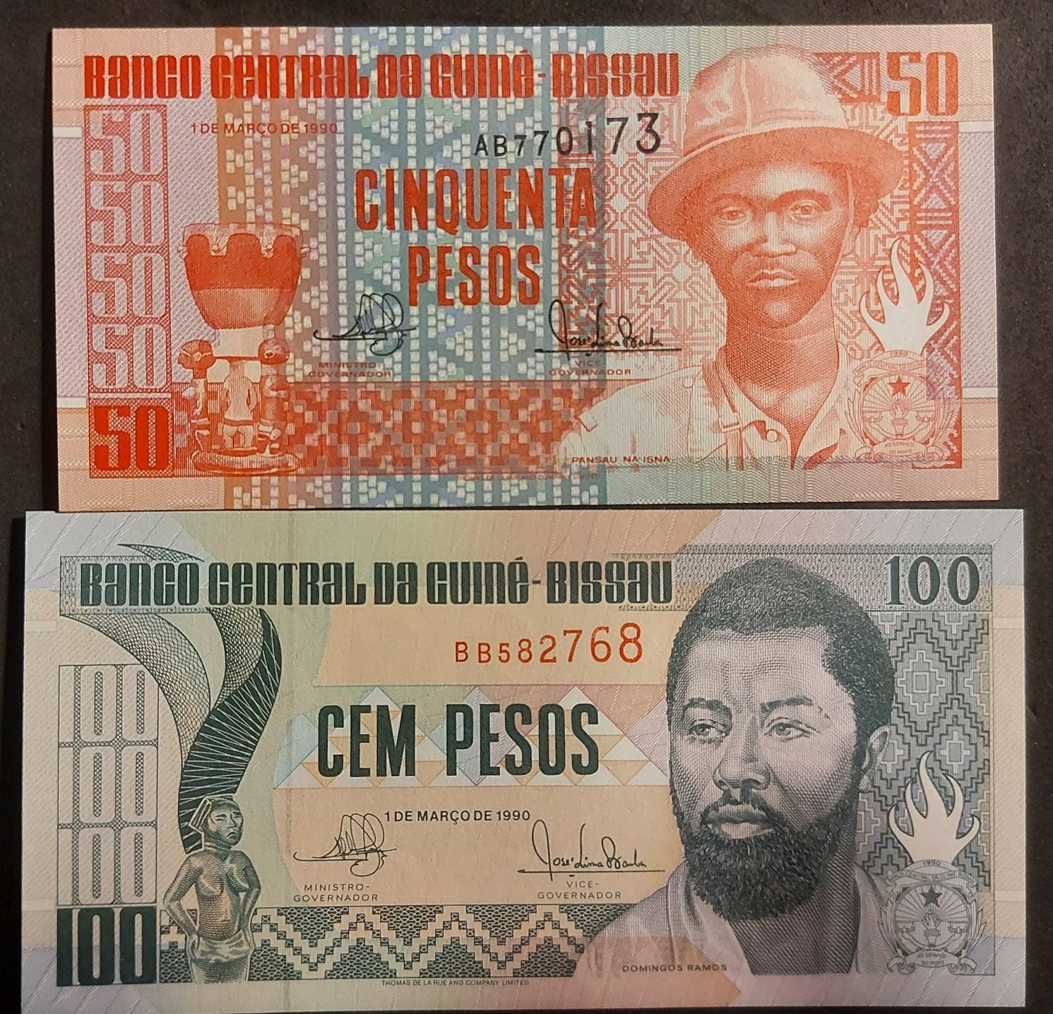 GUINEA-BISSAU Set - 50 and 100 Pesos Banknotes; P10 and 11; Uncirculated from 1990