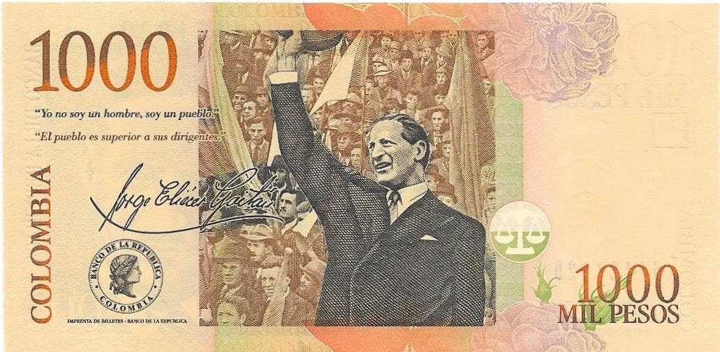 COLOMBIA 1000 Pesos Banknote; P-456t; UNCIRCULATED from 2015; features Jorge Gaitan