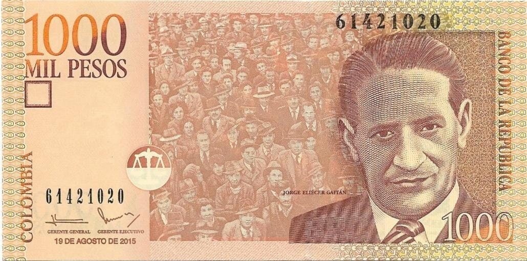 COLOMBIA 1000 Pesos Banknote; P-456t; UNCIRCULATED from 2015; features Jorge Gaitan