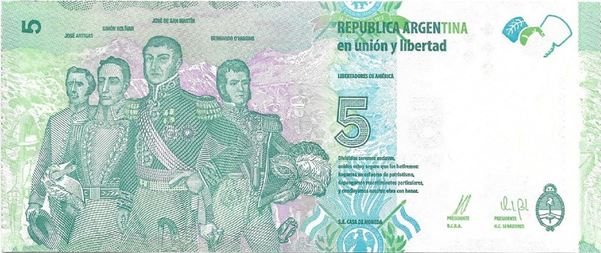 Argentina 5 Pesos, P-359, Series A, 2015 (ND), UNCIRCULATED; Features General Martin