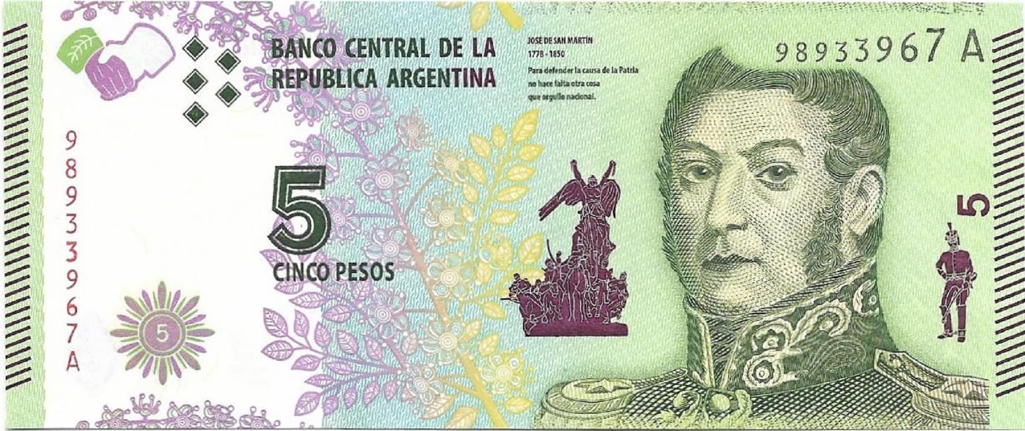 Argentina 5 Pesos, P-359, Series A, 2015 (ND), UNCIRCULATED; Features General Martin