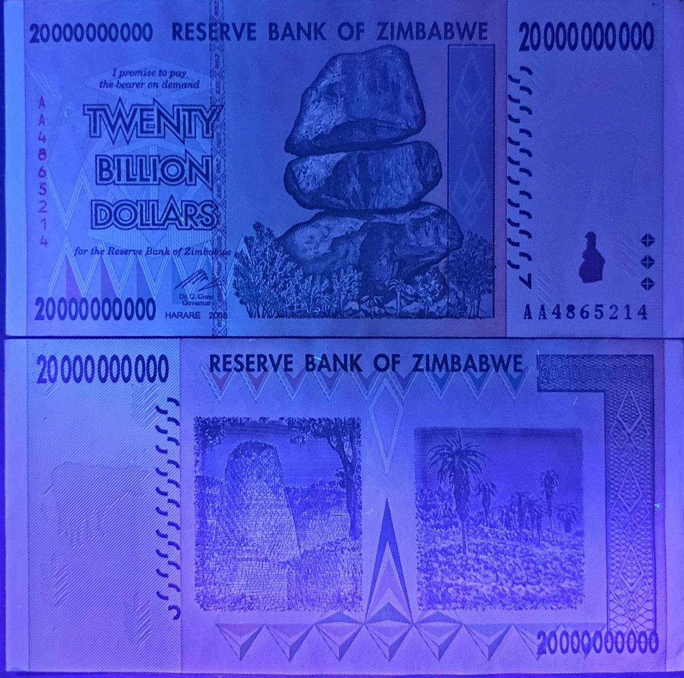 ZIMBABWE 20 BILLION Dollars; UNCIRCULATED, P-86, 2008; featuring the Chiremba Balancing Rock and Great Zimbabwe Ruins