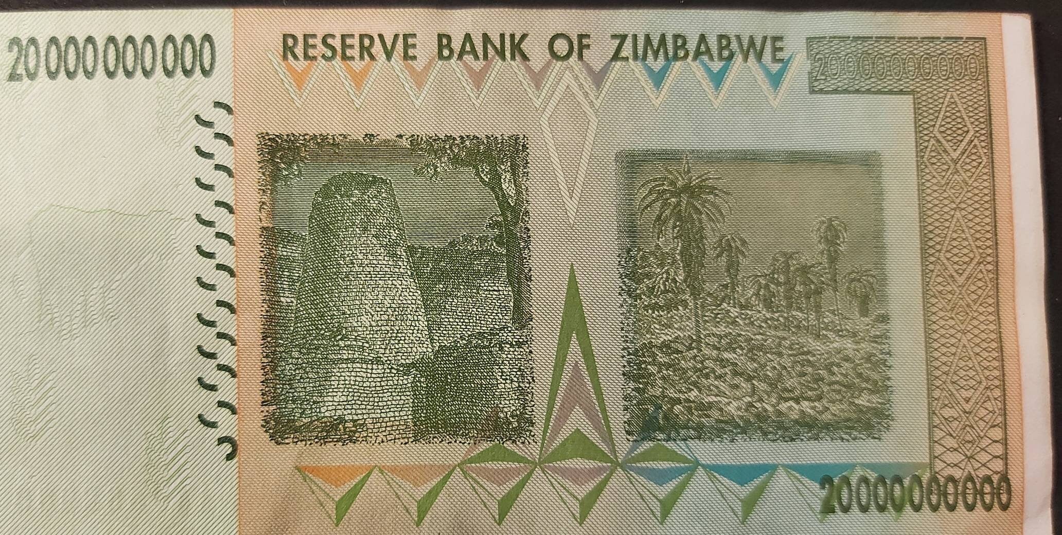 ZIMBABWE 20 BILLION Dollars; UNCIRCULATED, P-86, 2008; featuring the Chiremba Balancing Rock and Great Zimbabwe Ruins