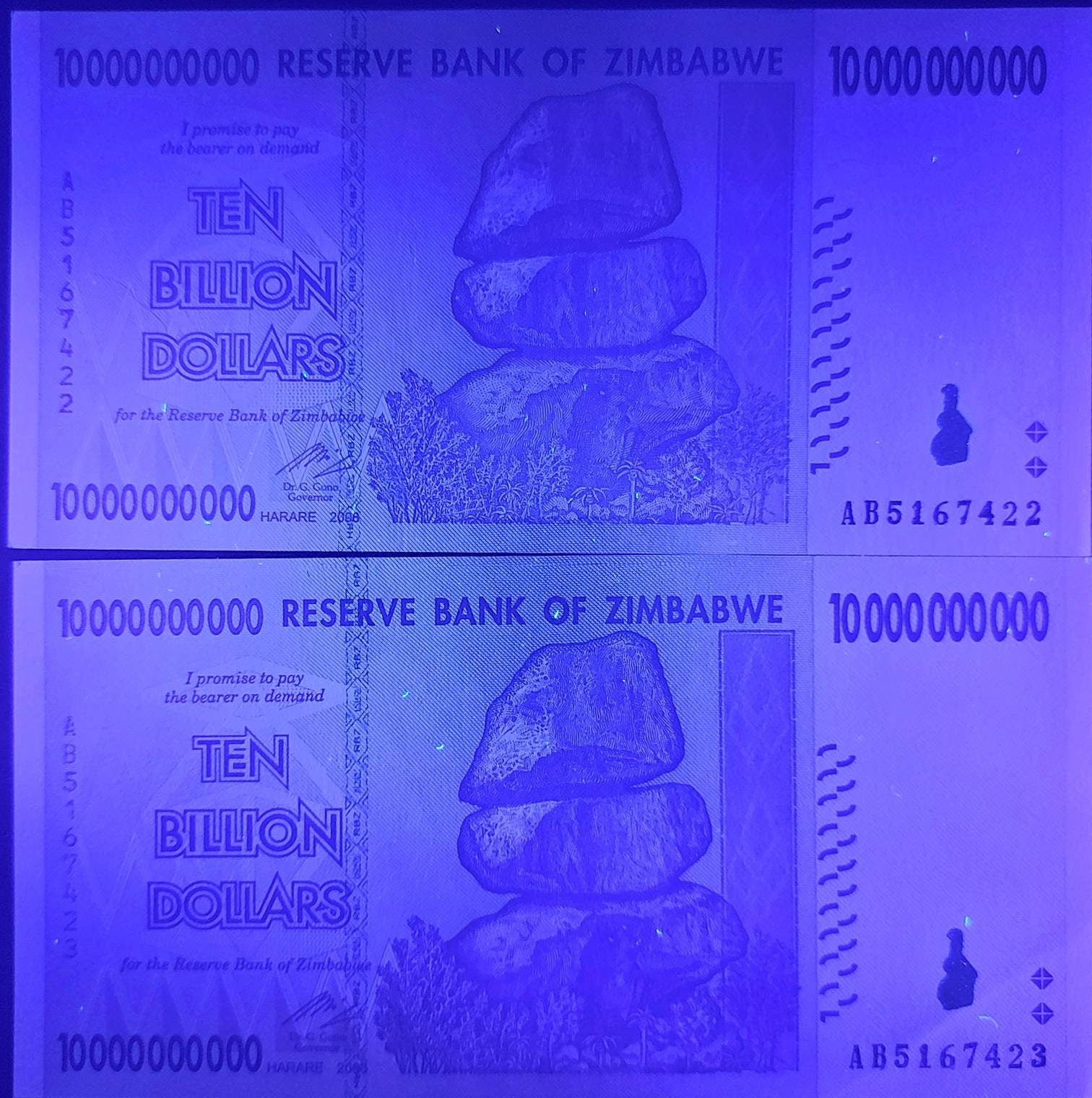 ZIMBABWE 10 Billion Dollars; UNCIRCULATED; P-85, 2008; featuring the Chiremba Balancing Rock and Water Dam; Miner