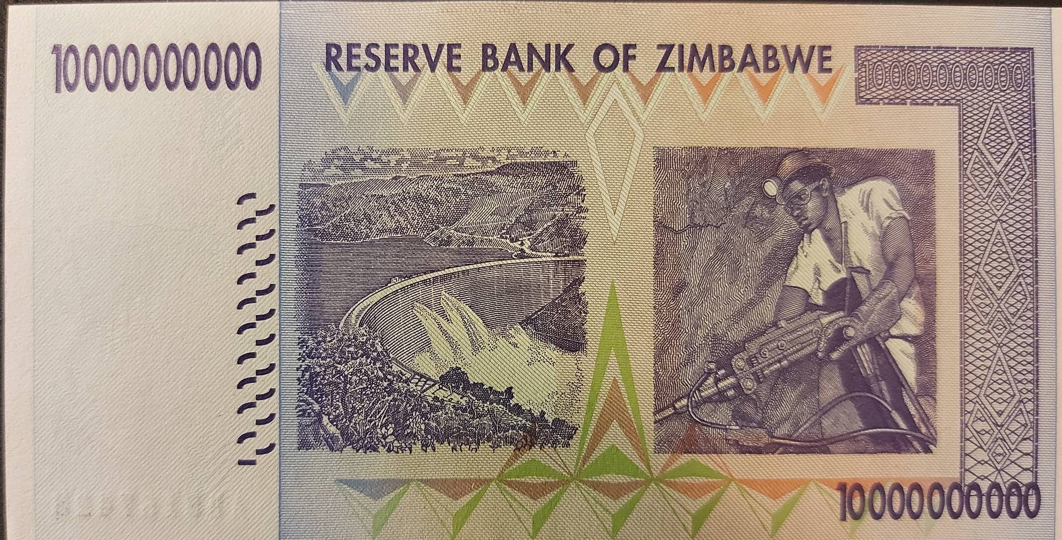 ZIMBABWE 10 Billion Dollars; UNCIRCULATED; P-85, 2008; featuring the Chiremba Balancing Rock and Water Dam; Miner
