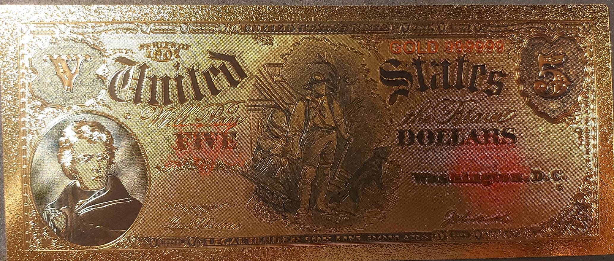Series of 1907 ~ 5 Five Dollar "Woodchopper" Note ~ .9999 GOLD FOIL Note