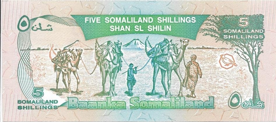 SOMALILAND  5 Shillings, P-1a, UNCIRCULATED, 1994; Featuring a Camel and Kadu; Countries first issued note