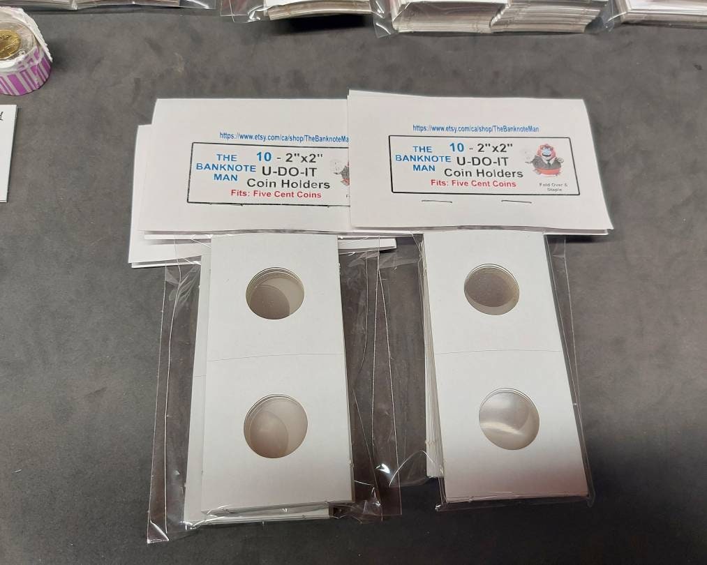 COIN HOLDERS ~ 2"x2" Coin Flips - Bundle of 10 ~ 5 Cent/ Nickel Size (23mm); Made in Canada