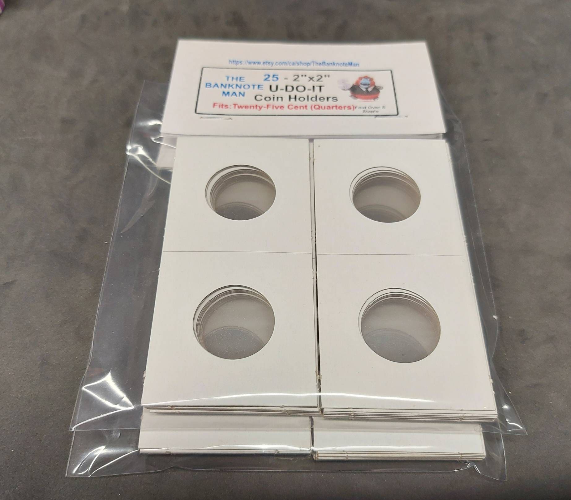 COIN HOLDERS ~ 2"x2" Coin Flips - Bundle of 25 ~ 25 Cent/ Quarter Size (27.5 mm); Made in Canada