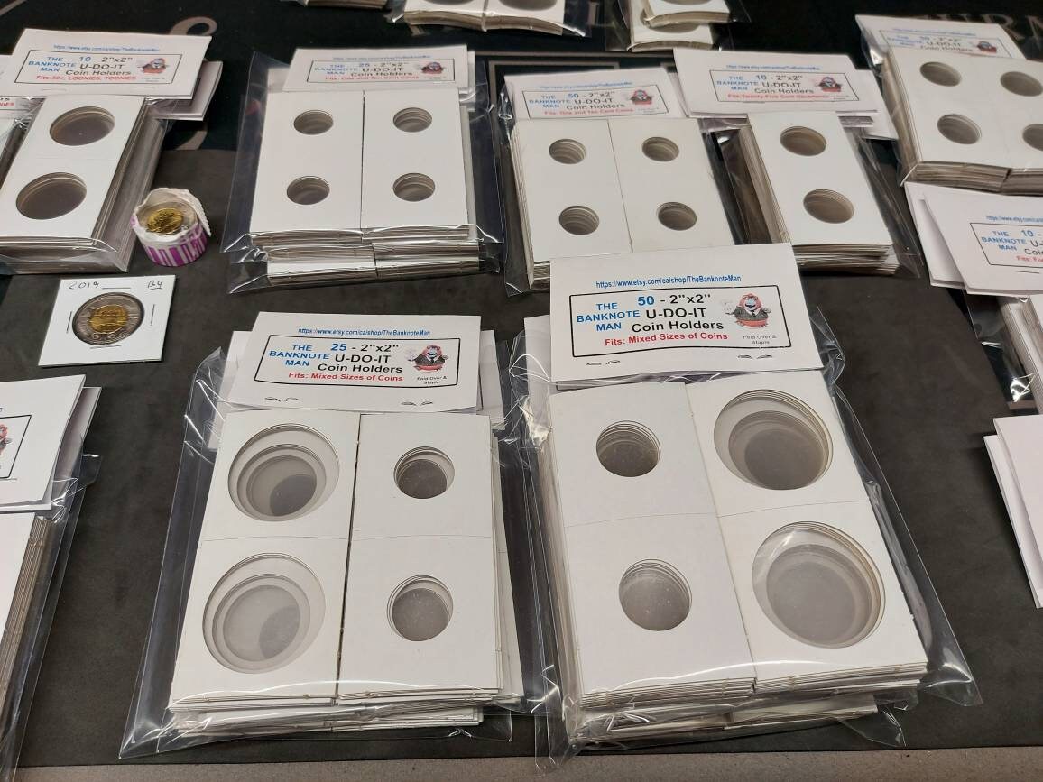 COIN HOLDERS ~ 2"x2" Coin Flips - Bundle of 50 ~ All Coins Mixed Sizes; Made in Canada