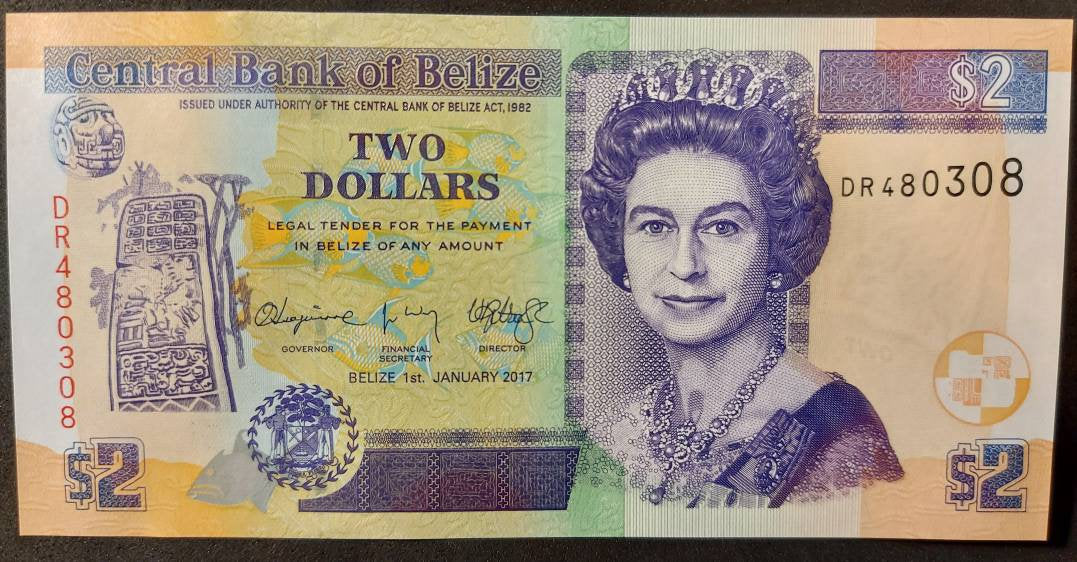 Belize 2 Dollars, P66f; UNCIRCULATED, 2017; Queen Elizabeth II; UV features