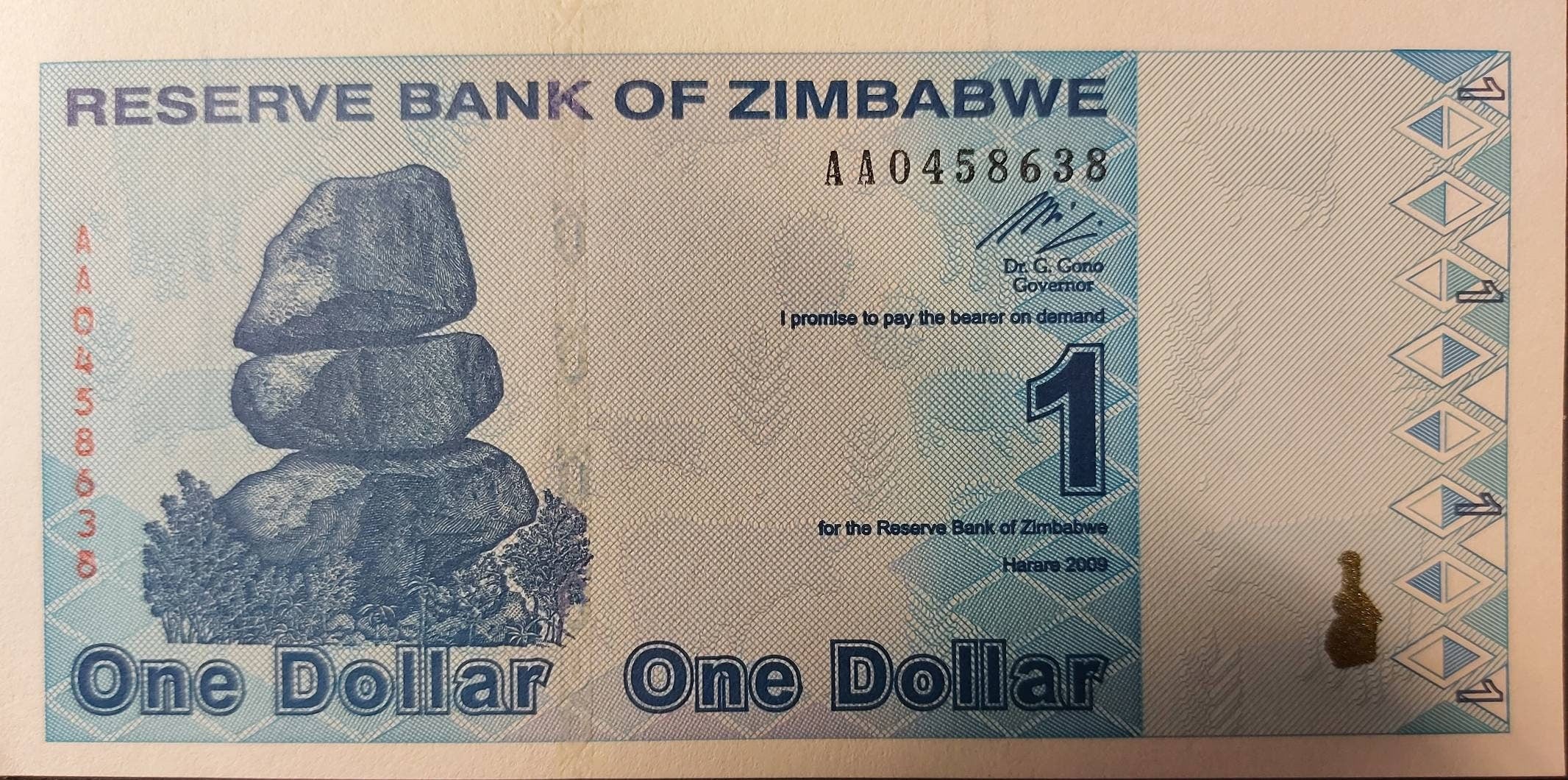 ZIMBABWE 1 Dollar, UNCIRCULATED; P-92 from 2009; featuring the Chiremba Balancing Rock and Women working