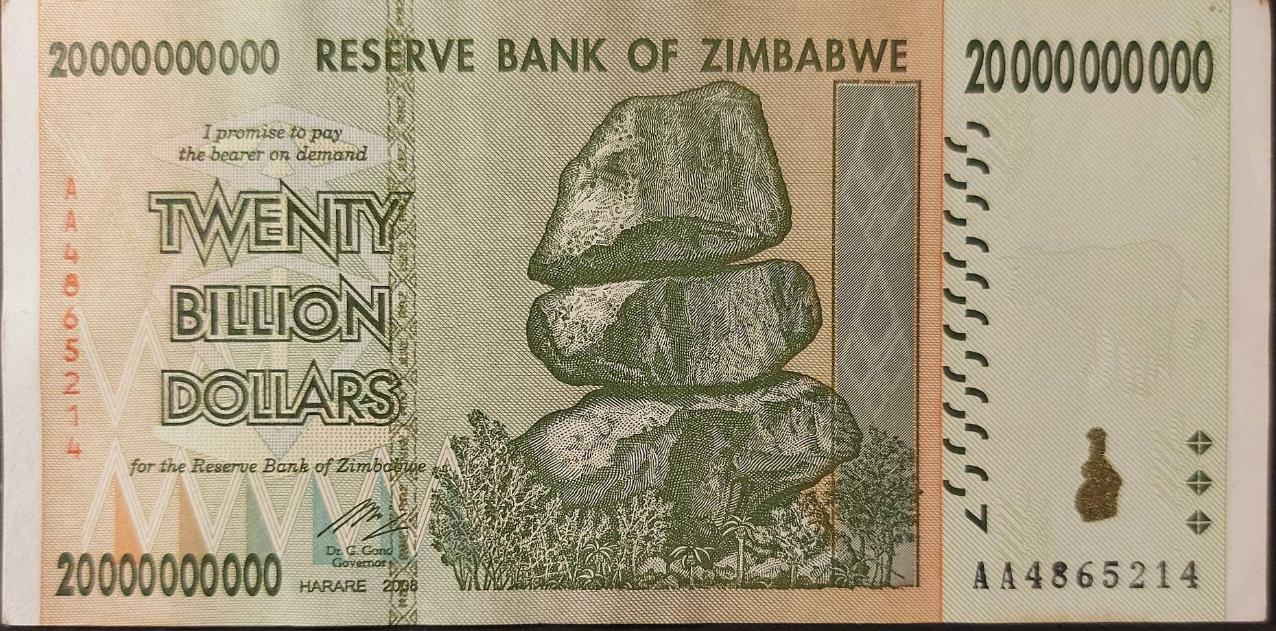 ZIMBABWE 20 BILLION Dollars; UNCIRCULATED, P-86, 2008; featuring the Chiremba Balancing Rock and Great Zimbabwe Ruins