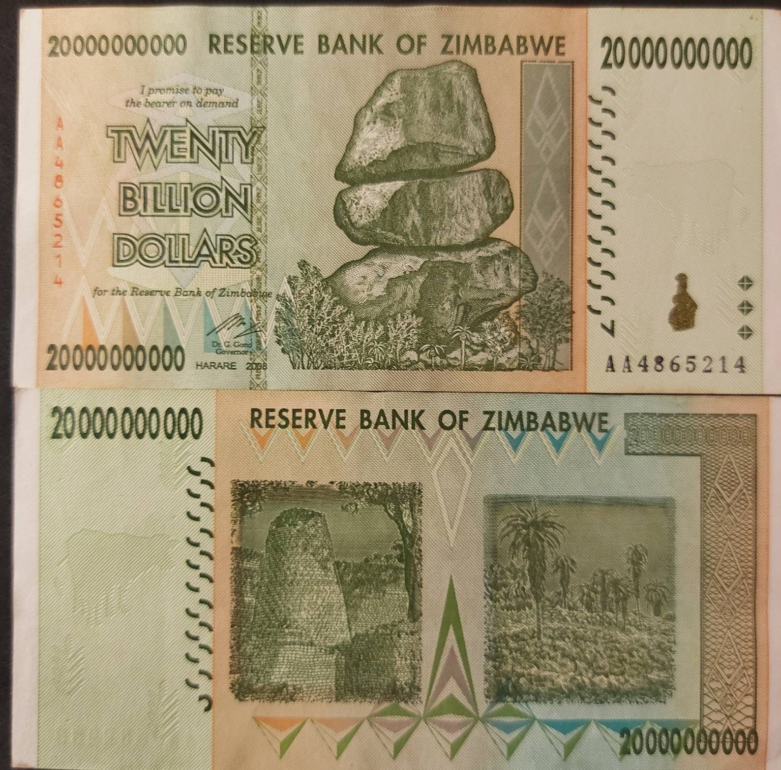ZIMBABWE 20 BILLION Dollars; UNCIRCULATED, P-86, 2008; featuring the Chiremba Balancing Rock and Great Zimbabwe Ruins