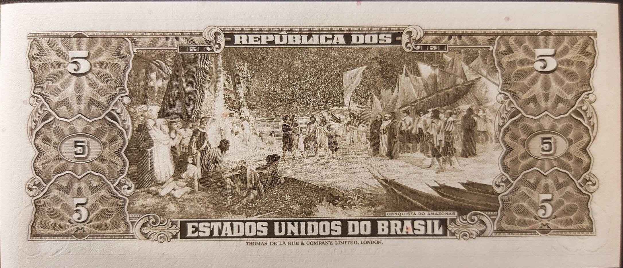 Brazil 5 Cruzeiros Banknote; P-176d; UNCIRCULATED; Printed 1962 ~ Beautiful Note; Amazon Conquest