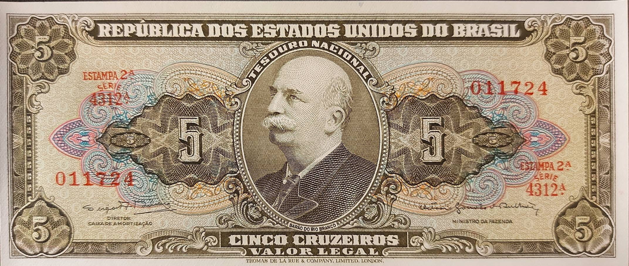 Brazil 5 Cruzeiros Banknote; P-176d; UNCIRCULATED; Printed 1962 ~ Beautiful Note; Amazon Conquest