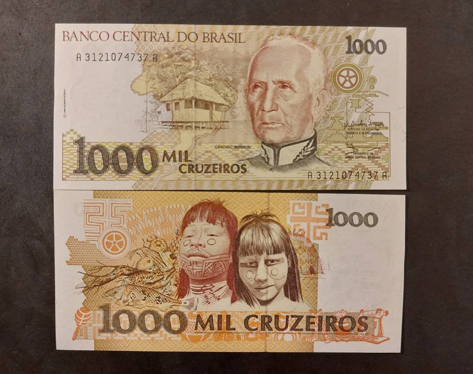 BRAZIL 1000 Cruzeiros; P-231a; Uncirculated from 1990; features a map of Brazil, Native Children and C Rondon